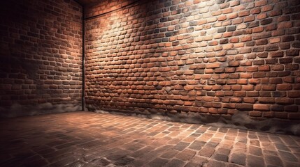 Canvas Print -  a room with a brick wall and a brick floor with a light shining on it.  generative ai