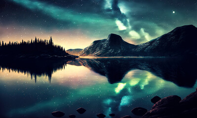 Wall Mural - northern lights in night starry sky against background of mountains and lakes. generative ai illustr