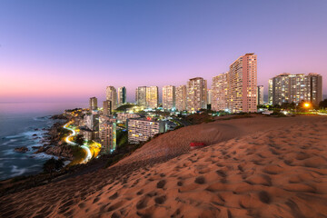 View of buildings in Concon from the sand dunes, Valparaiso Region, Chile