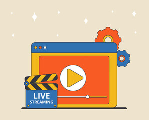 Poster - Live streaming, watch online videos. Video streaming podcast. Video blogging. Video conferencing and online communication. Vector design. element