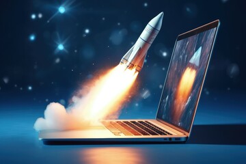 Wall Mural - rocket coming out of laptop screen, innovation and creativity concept, background. generative ai