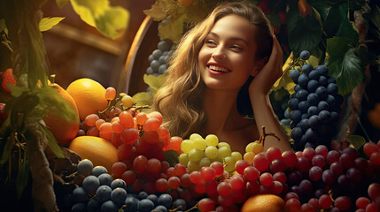 Happy Young woman with fruits and vegetables, fruit and vegetable diet concept, generative ai