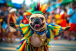 A funny French Bulldog in a multi-colored costume is dancing at the Brazilian Carnival. Generated AI