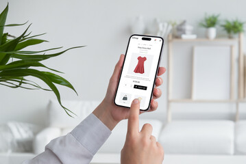 Wall Mural - woman shopping online with smart phone. buying a red flow dress on ecommerce web page. living room i
