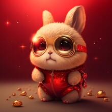 Little Bunny In Red Patent Leather Clothes, Wearing Sunglasses, Rocking, New Year Red, Golden Eyes With Eyes, Star Eyes, Fluffy Rabbit, Fluffy Rabbit, New Year Atmosphere, Spring Festival, Red Lantern