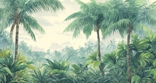 Palm Trees In A Jungle Forest. Decorative Watercolor Painting, Landscape. Generative Ai