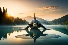 A Mythical Dragon Turtle Emerging From The Depths Of A Serene Lake, Its Massive Shell Glistening With Aquatic Life