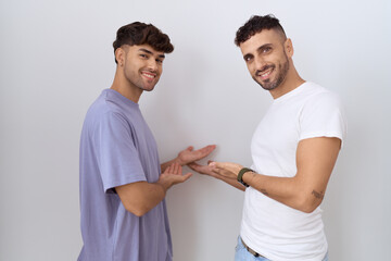 Sticker - Homosexual gay couple standing over white background inviting to enter smiling natural with open hand