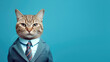 Advertising portrait, banner, serious classic cat businessman in suit with with a tie isolated on blue background