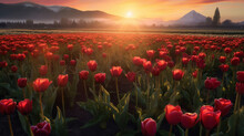 Field Of Tulips At Dawn, Plantation Of Beautiful Red Tulips. Generative AI