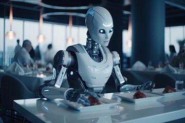 Poster - 3d rendering humanoid robot sitting at table in restaurant and eating food, futuristic ai robot serv