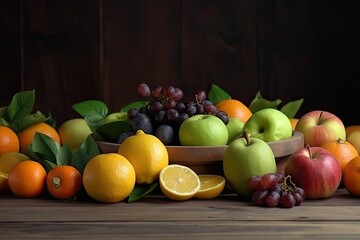 Canvas Print - Fruits on a wooden background. Orange, apple, grape, lemon, grape. Fresh fruits and vegetables are on the table, AI Generated