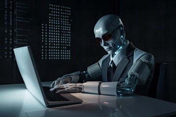 Sticker - 3d rendering humanoid robot working on laptop computer in dark room with binary code, Futuristic AI robot accountant wearing an eyeglass, AI Generated