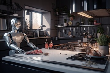 Sticker - Robot in the kitchen. 3d rendering. Robot and food. Futuristic AI robot cooking in a kitchen, AI Generated