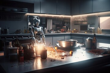 Sticker - 3D rendering of a robot in the kitchen at night. Futuristic concept. Futuristic AI robot cooking in a kitchen, AI Generated