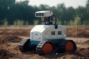 Poster - Robot model on the ground in the field. Technology concept. Futuristic AI robot farmer working in the farmland, AI Generated