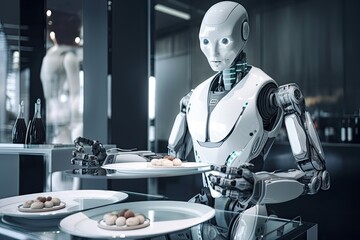 Poster - 3d rendering humanoid robot with plate of dumplings in restaurant, futuristic ai robot serving dishe
