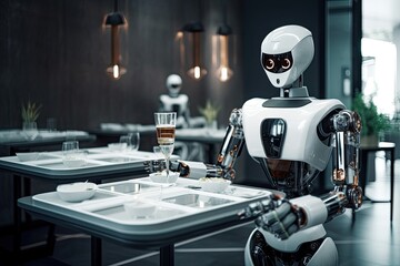 Poster - modern robot with glass of wine in , futuristic ai robot serving dishes in the restaurant, ai genera