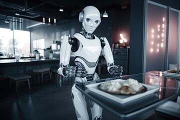 Poster - Robot in the kitchen of a restaurant. 3d rendering. Futuristic AI robot serving dishes in the restaurant, AI Generated