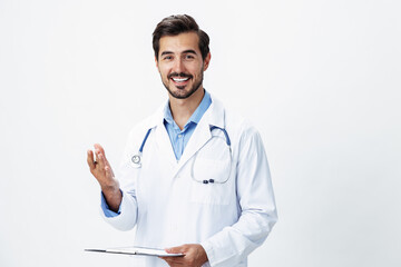 Man doctor in white coat with stethoscope and folder for notes and patient records smile and good test results look into camera on white isolated background, copy space, space for text, health