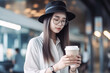 Portrait of young beautiful asian woman with coffee cup in airport. Generative AI