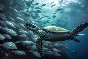 Wall Mural - Hawaiian Green Sea Turtle (Chelonia mydas) . Generative AI