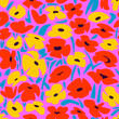Hand drawn seamless pattern with beautiful various daisies and poppies on hot pink background. Vector illustration, retro style.