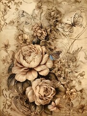 antique roses paper with espadrilles paper and dragonfly, in the style of baroque-inspired lighting, altered books, blink-and-you-miss-it detail, ornate detailing, soft watercolours, elaborate drapery