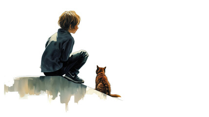 watercolor vintage illustration for a children's book about two ginger friends - a boy and a cat. AI generated.