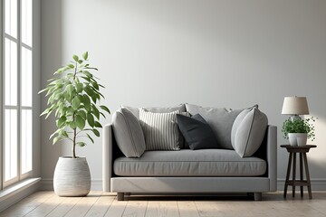 Poster - cozy living room with a green potted plant and comfortable couch. Generative AI