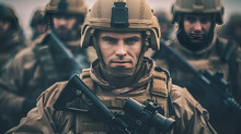 Russian Soldier Holding A Gun At The Army Confident Russian Soldier Looking At Camera With Team In The Background Generative AI