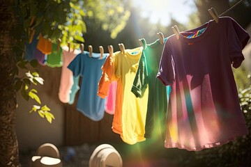 after being washed, childrens colorful clothing dries on a clothesline in the yard outside in the su