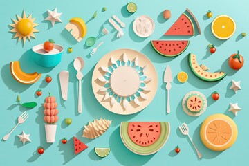 Sticker - Elegant sunlight A summer scene with a variety of dishes on a vivid light blue background. Idea for a light, minimalist summer supper. Generative AI