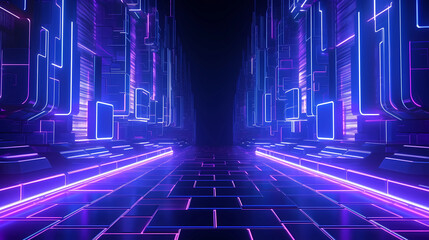 Wall Mural - 3d render, abstract futuristic ultraviolet background with cyber screen and glowing neon lights