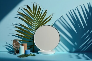 Sticker - a simple abstract background for a display of cosmetics. A round white scene on a white table. opulent podium with a blue wall and a tropical palm tree shadow. Generative AI