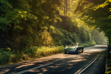 Wall Mural - sports car driving along a forest road in sunny summer day generative ai