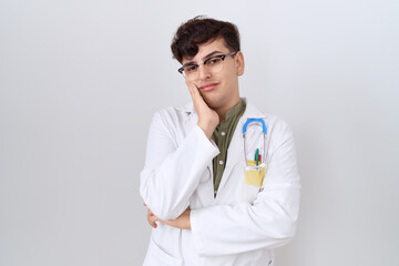 Canvas Print - Young non binary man wearing doctor uniform and stethoscope thinking looking tired and bored with depression problems with crossed arms.