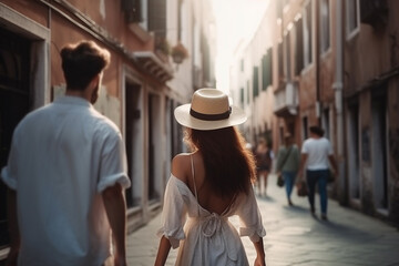 Wall Mural - Travel, vacation, romance concept. Young couple traveling and walking in Venice, Italy. Gondolas, canals, old town in background. Man and woman view from behind. Sunset summer. Generative AI