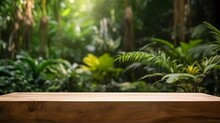 Wood Tabletop Counter Podium Floor In Outdoors Tropical Garden Forest Blurred Green Leaf Plant Nature Background.Natural Product Placement Pedestal Stand Display,spring Summer Jungle Paradise .