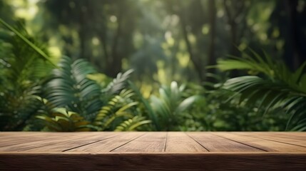 wood tabletop counter podium floor in outdoors tropical garden forest blurred green leaf plant natur