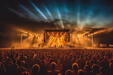 Wall Mural - summer rock festival, stage view with many spectators, created with Generative AI Technology