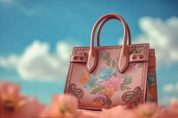 Wall Mural - A purse sitting on top of a bed of flowers. Generative AI image.