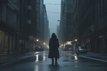 A Dark Empty City Street, A Man In The Centre Of The Road. The Man Is Black With Dreadlocks And Wearing Black Hoodie. Generative AI 