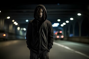 Wall Mural - a dark empty city street, a man in the centre of the road. the man is black with dreadlocks and wearing black hoodie. generative AI 