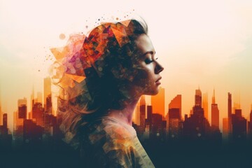 Wall Mural - A woman with a city skyline in the background. Generative AI image.