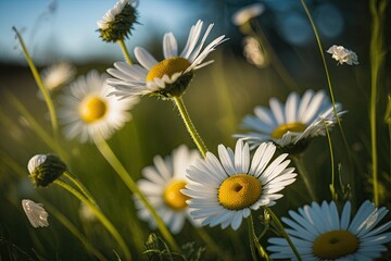 Wall Mural - Daisy blossoms first thing in the morning. Generative AI