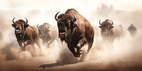 a herd of buffalos stampedes across a barren landscape, a cloud of dust trailing behind them. - gene