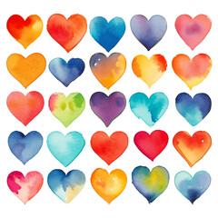different designs of hearts arranged chaoticall in watercolor design isolated on transparent background