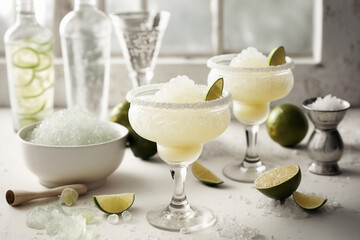 Frozen margaritas in traditional glasses in a white kitchen, generative AI