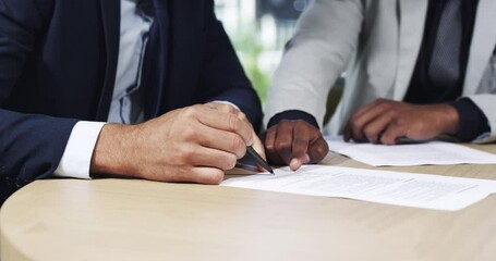 Wall Mural - Signature, paperwork and business men with contract of agreement, legal documents and consulting in office. Closeup of corporate people writing letter at desk for deal, lawyer notes and documentation